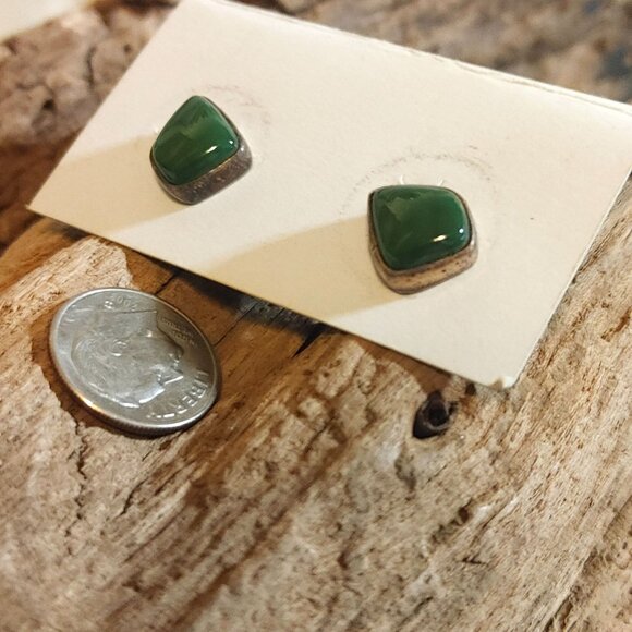 Vintage MR Sterling Silver Stud Earrings Green Onyx Inlay Unique Retro Mexico - Picture 4 of 15
